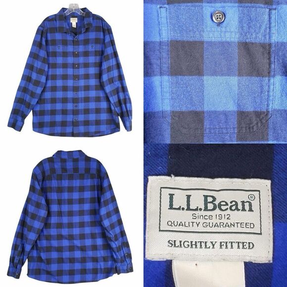 LL Bean Shirt Mens Blue Plaid Flannel LS Button Down Size Large Tall LT - Picture 1 of 9